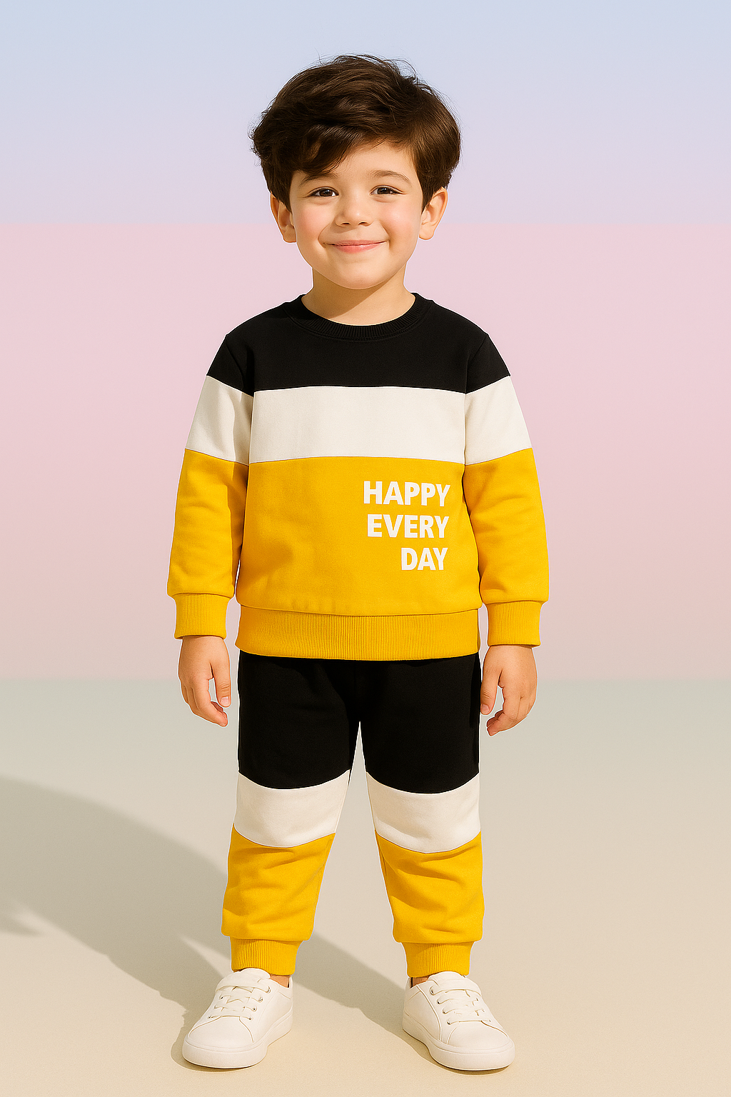 Fleece Fabric Black & Yellow Panel Happy Everyday Printed Kids Winter Suit ( Each )