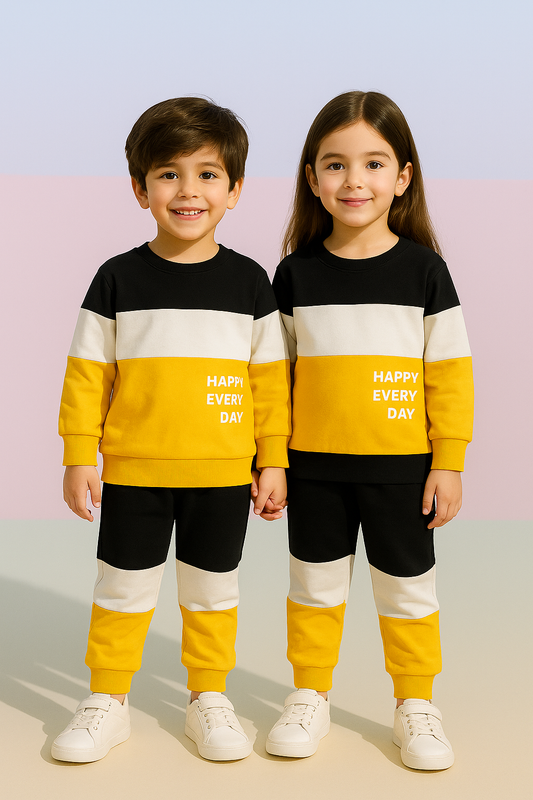 Fleece Fabric Black & Yellow Panel Happy Everyday Printed Kids Winter Suit ( Each )