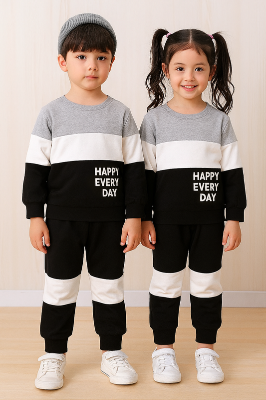 Fleece Fabric Grey & Black Panel Happy Everyday Printed Kids Winter Suit ( Each )