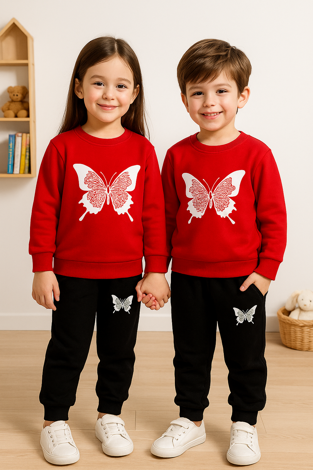 Fleece Fabric Red Butterfly Printed Kids Winter Suit ( Each )