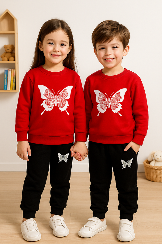 Fleece Fabric Red Butterfly Printed Kids Winter Suit ( Each )