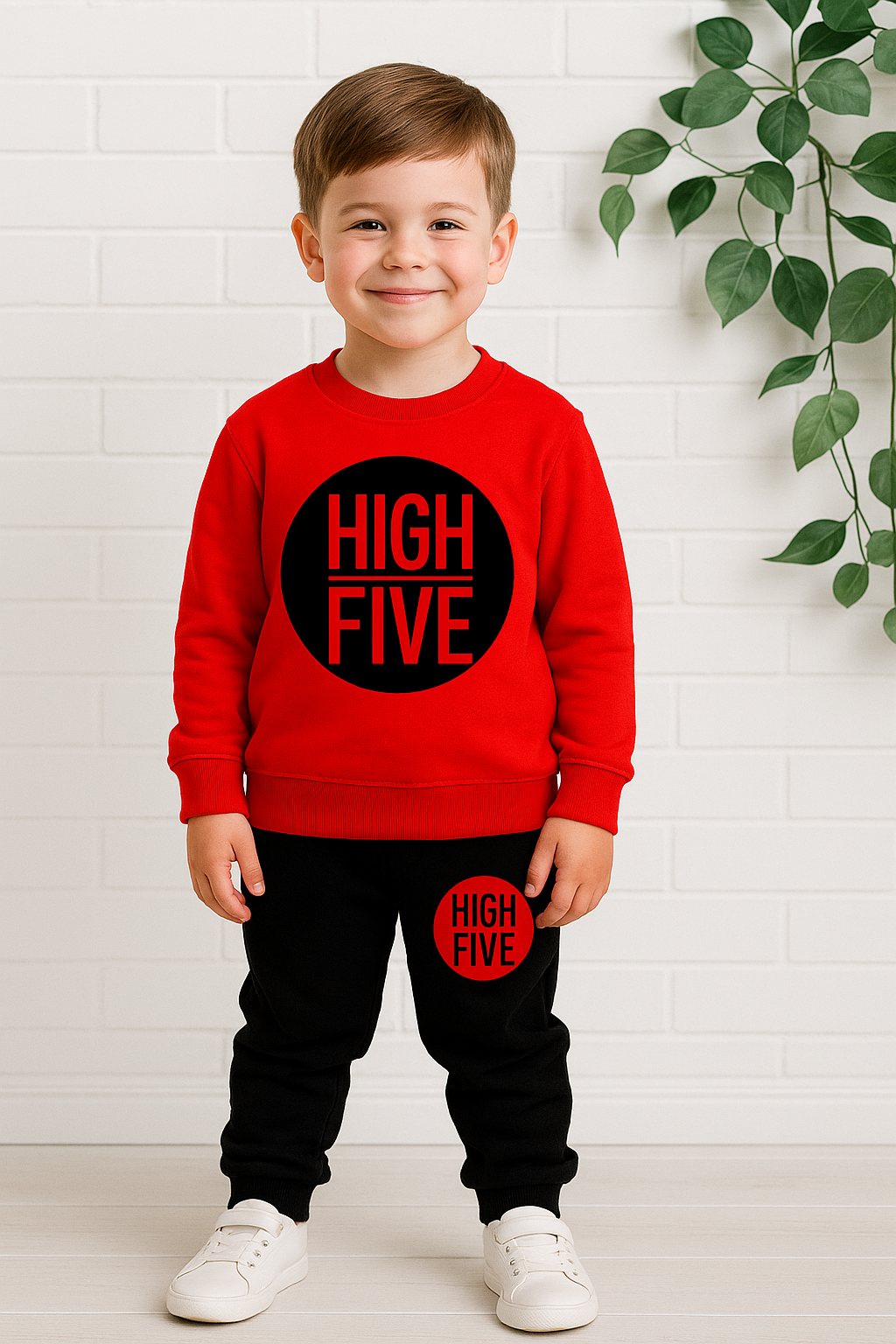Fleece Fabric Red High Five Printed Kids Winter Suit ( Each )