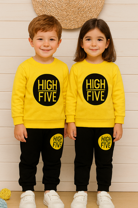 Fleece Fabric Yellow High Five Printed Kids Winter Suit ( Each )
