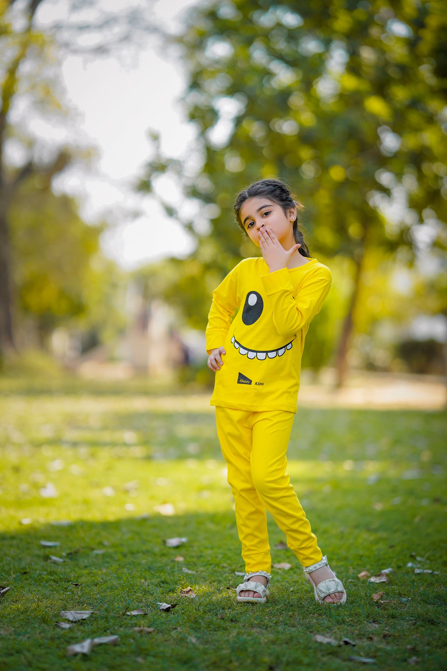 Yellow Smiley Printed Kids Winter Suit