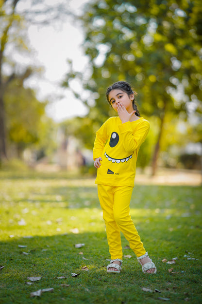 Yellow Smiley Printed Kids Winter Suit