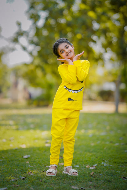 Fleece Fabric Yellow Smiley Printed Kids Winter Suit ( Each )