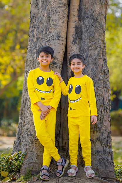 Fleece Fabric Yellow Smiley Printed Kids Winter Suit ( Each )