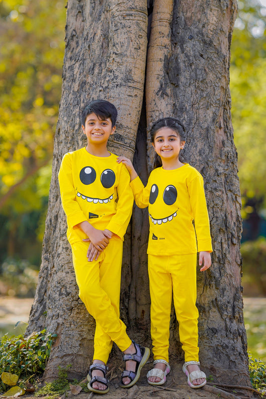 Fleece Fabric Yellow Smiley Printed Kids Winter Suit ( Each )