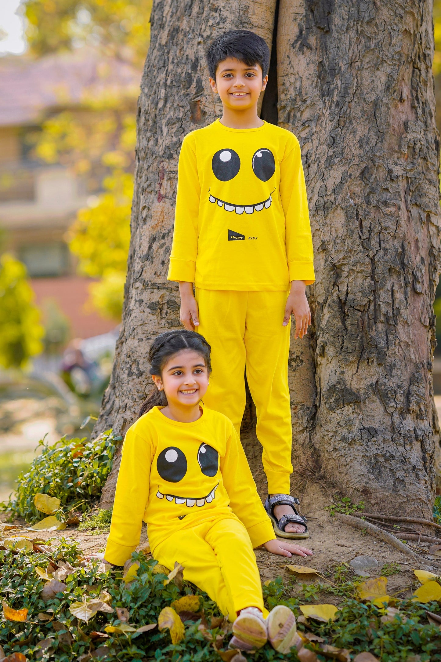 Fleece Fabric Yellow Smiley Printed Kids Winter Suit ( Each )