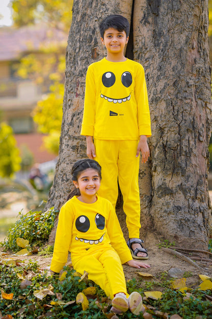 Fleece Fabric Yellow Smiley Printed Kids Winter Suit ( Each )