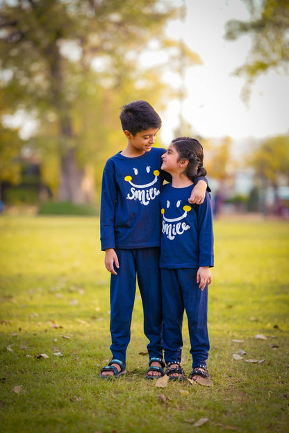 Navy Blue Smiley Printed Kids Winter Suit
