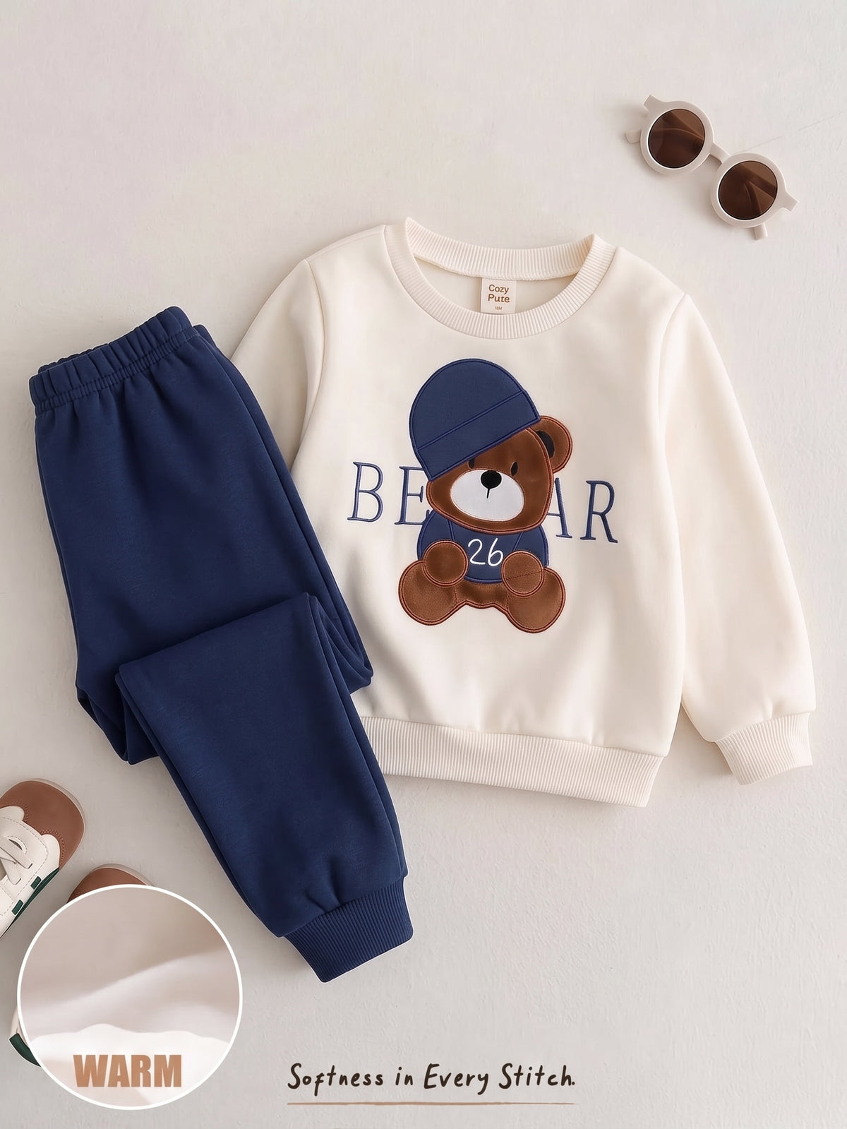 Dark Blue Bear Design Printed Kids Winter Suit