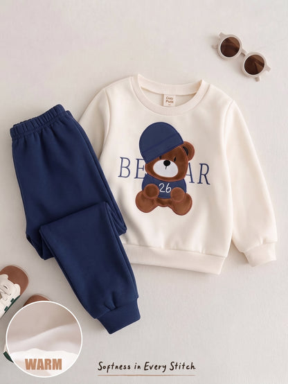 Dark Blue Bear Design Printed Kids Winter Suit