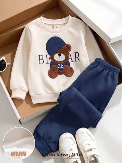 Dark Blue Bear Design Printed Kids Winter Suit