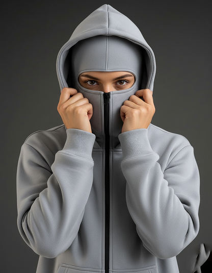 Winter Grey Balaclava Ninja Zipper Hoodie Jacket For Women