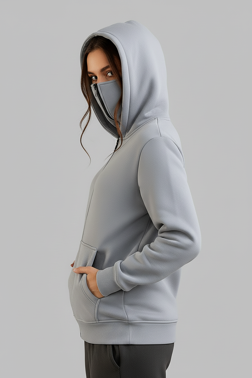 Winter Grey Balaclava Ninja Zipper Hoodie Jacket For Women