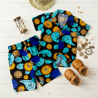 Little Clock Kids Linen Half Sleeve Tee & Shorts Set