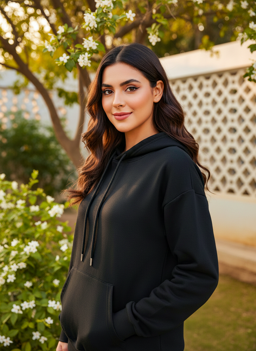 Winter Black Basic Hoodie For Women