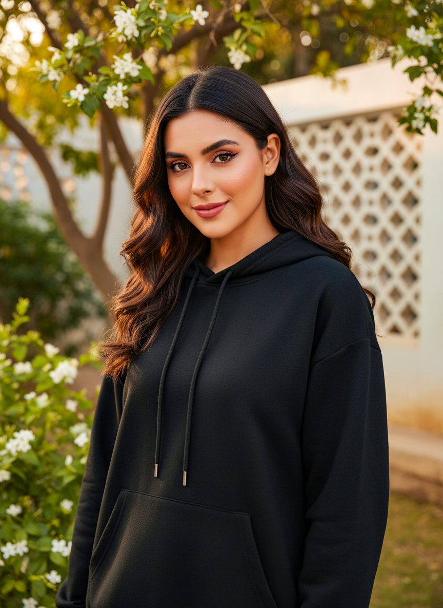 Winter Black Basic Hoodie For Women