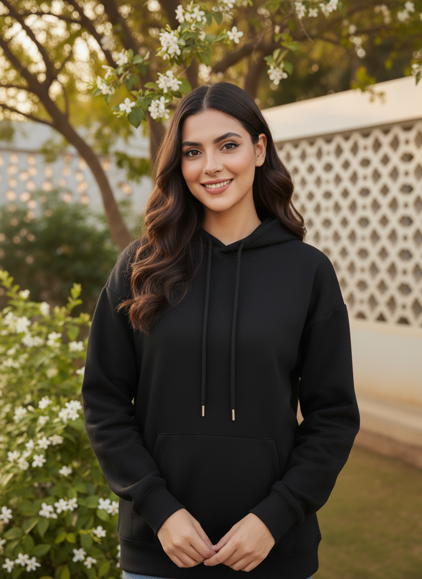 Winter Black Basic Hoodie For Women