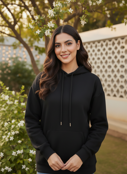 Winter Black Basic Hoodie For Women