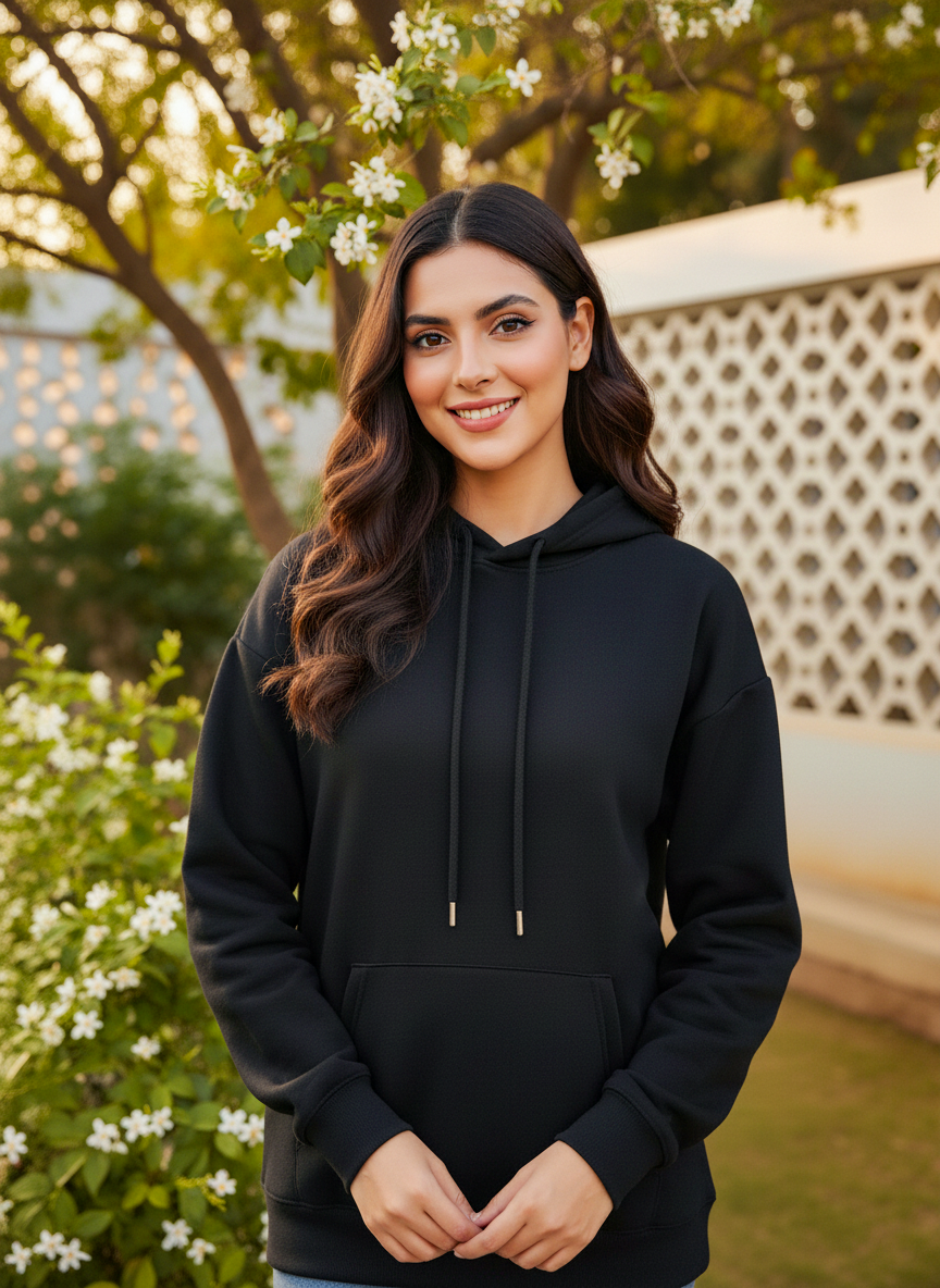 Winter Black Basic Hoodie For Women