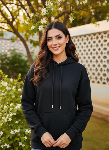 Winter Black Basic Hoodie For Women