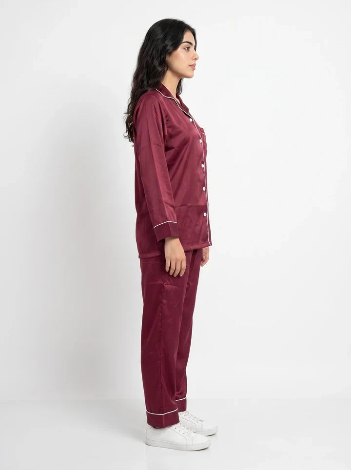 Maroon Satin Silk Pj Set