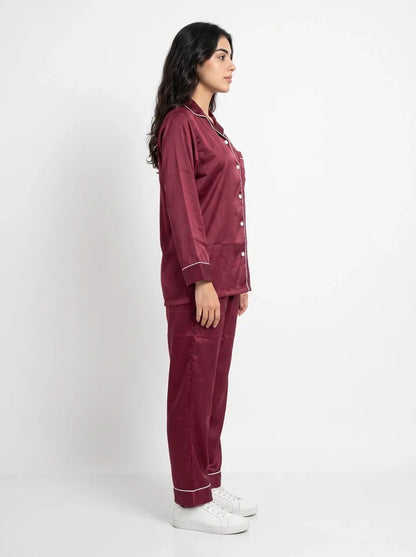 Maroon Satin Silk Pj Set