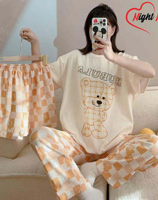 3 Piece Printed Night Suit Creamy Teddy