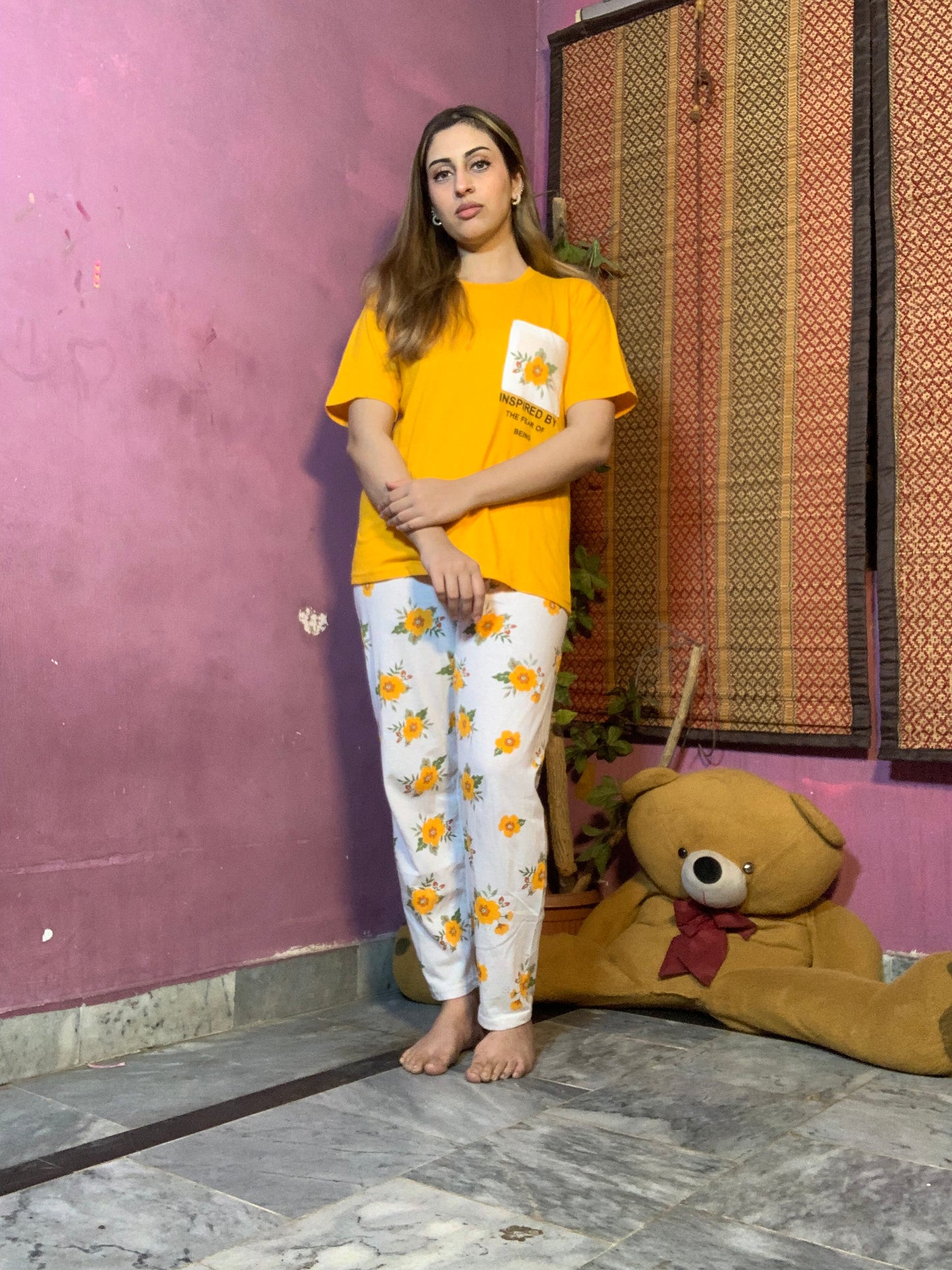 Yellow Pocket Printed Night Suit