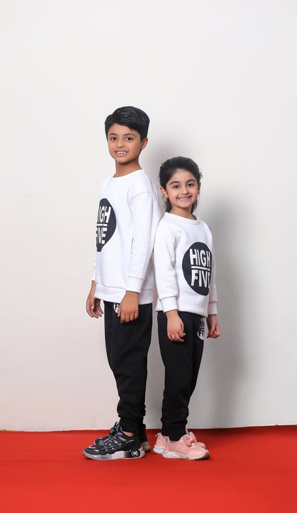 Fleece Fabric White High Five Printed Kids Winter Suit ( Each )