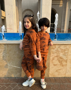 Brown Dinosaur Printed Kids Winter Suit
