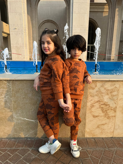 Fleece Fabric Brown Dinosaur Printed Kids Winter Suit ( Each )