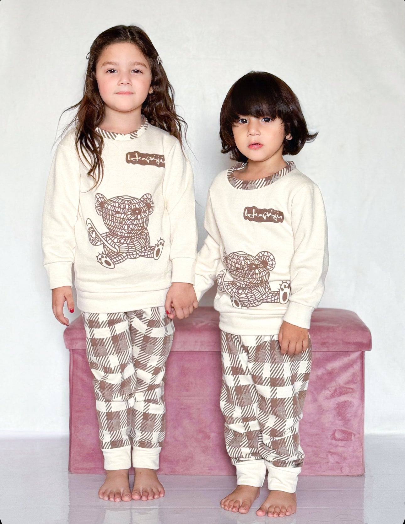 Fleece Fabric Check Bear Printed Kids Winter Suit ( Each )