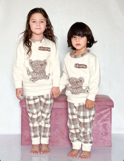 Fleece Fabric Check Bear Printed Kids Winter Suit ( Each )