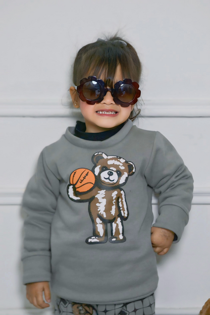 Fleece Fabric Grey Bear Printed Kids Winter Suit ( Each )
