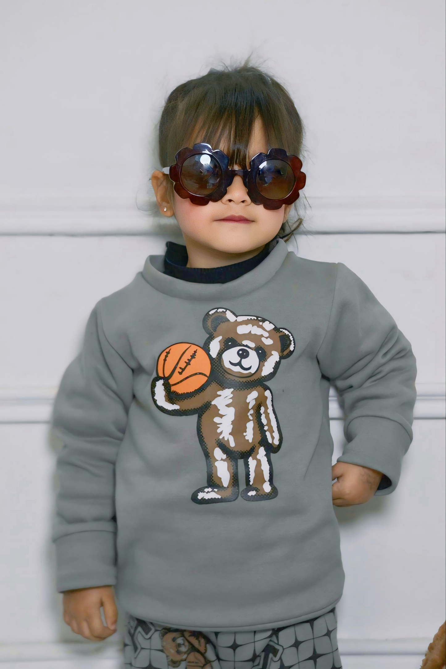 Fleece Fabric Grey Bear Printed Kids Winter Suit ( Each )