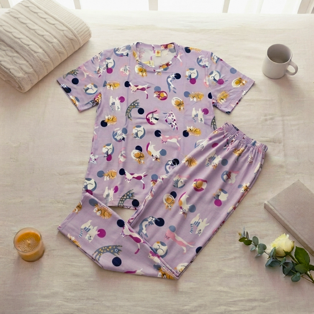 Cartoon Cat Pattern Printed Night Suit