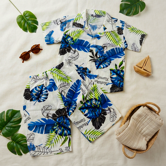 Blue Patels Kids Linen Half Sleeve Tee & Shorts Set