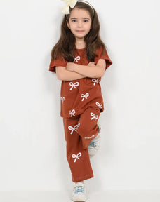 Brown Ribbon Half Sleeve Kids Suit