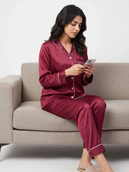 Maroon Satin Silk Pj Set