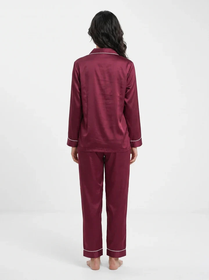 Maroon Satin Silk Pj Set