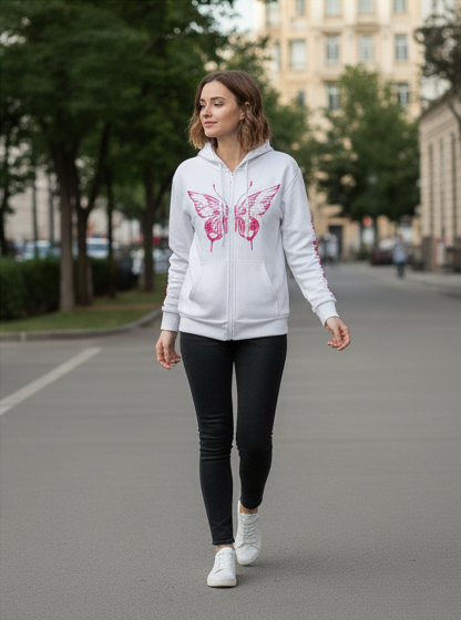 Pink Butterfly Printed Zipper Hoodie For Women