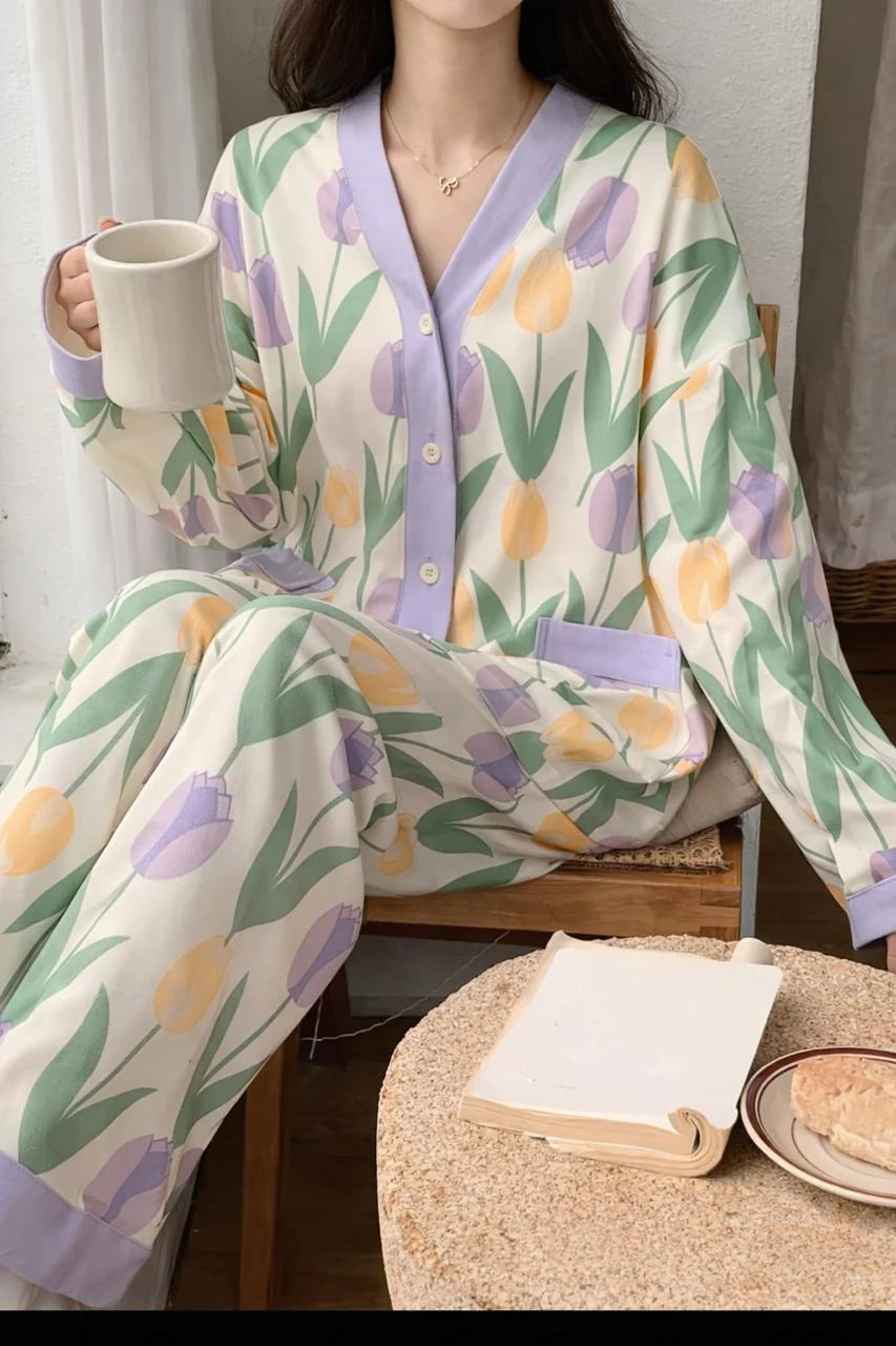 Off White With Flower V-Neck Button Printed Night Suit