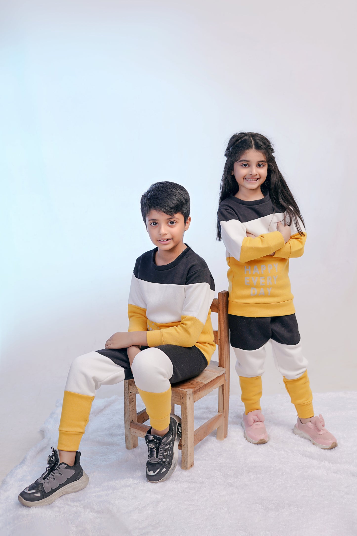 Fleece Fabric Black & Yellow Panel Happy Everyday Printed Kids Winter Suit ( Each )