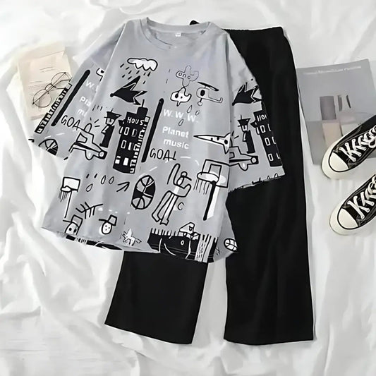 Grey Funcky Printed  Night Suit