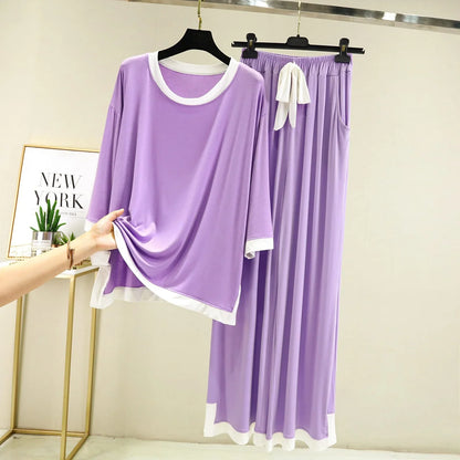 Purple White Round Neck Plazo Night Suit