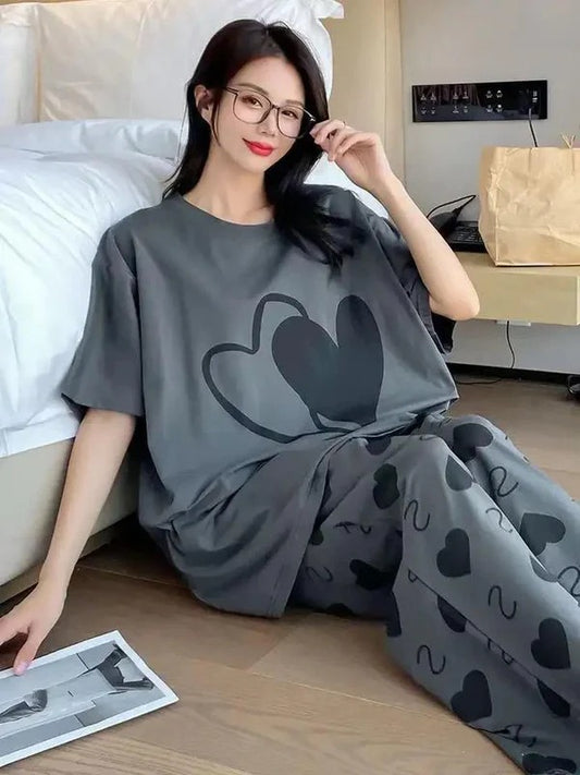 Grey Double Heart Half Sleeve Printed Night Suit