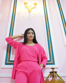 3 Piece Hot Pink Plain Nightwear
